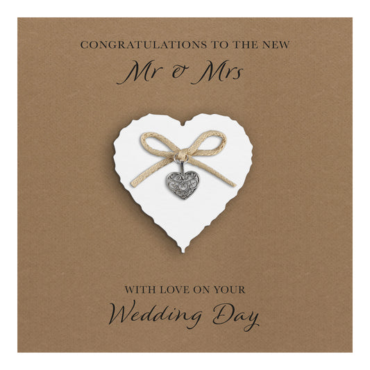 Wedding Day Card (Heart Charm & Bow) - White Heart / Kraft Cardstock