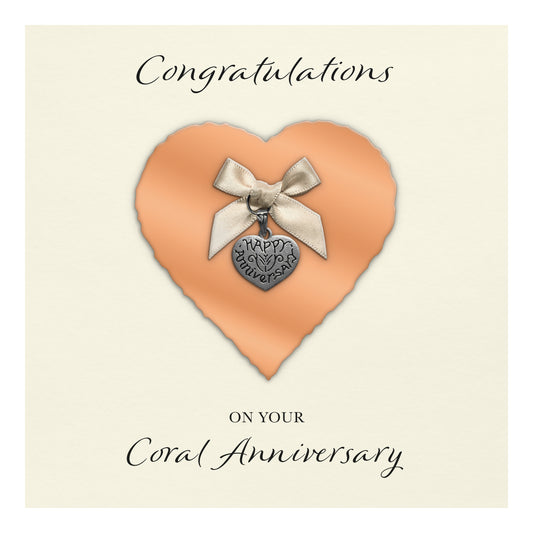 Coral 35th Anniversary Card (Heart Charm & Bow) - Ivory Cardstock