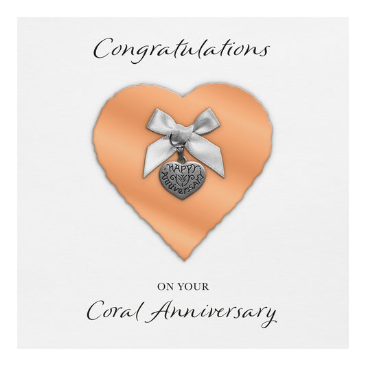Coral 35th Anniversary Card (Heart Charm & Bow) - White Cardstock