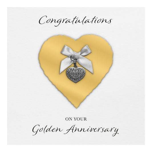 Golden 50th Anniversary Card (Heart Charm & Bow) - White Cardstock
