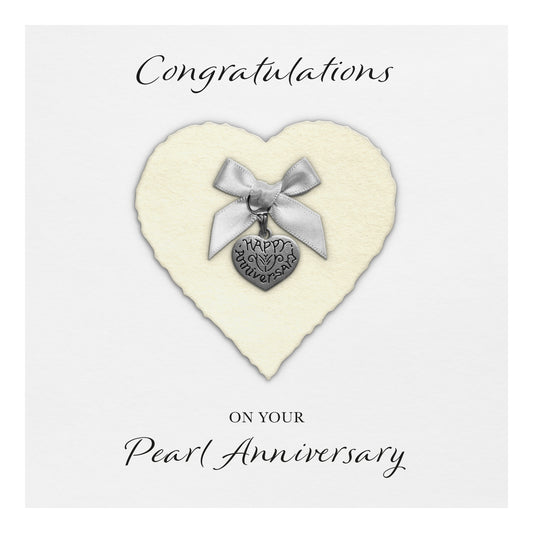 Pearl 30th Anniversary Card (Heart Charm & Bow) - White Cardstock