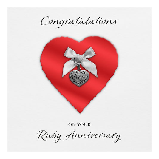 Ruby 40th Anniversary Card (Heart Charm & Bow) - White Cardstock