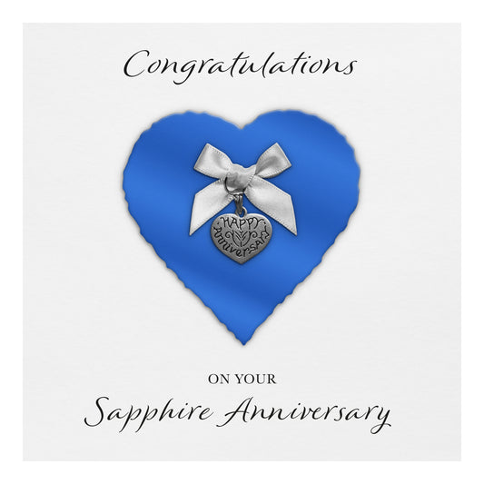 Sapphire 45th Anniversary Card (Heart Charm & Bow) - White Cardstock