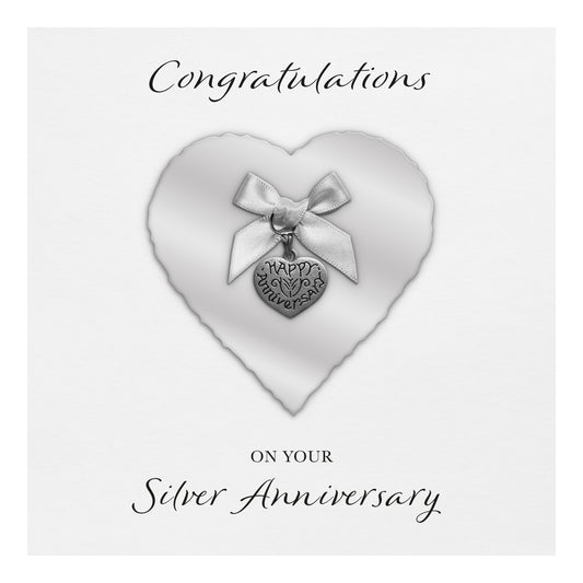 Silver 25th Anniversary Card (Heart Charm & Bow) - White Cardstock