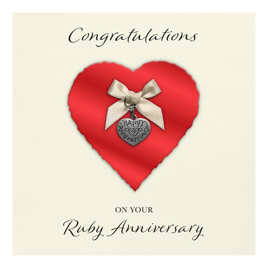 Ruby 40th Anniversary Card (Heart Charm & Bow) - Ivory Cardstock