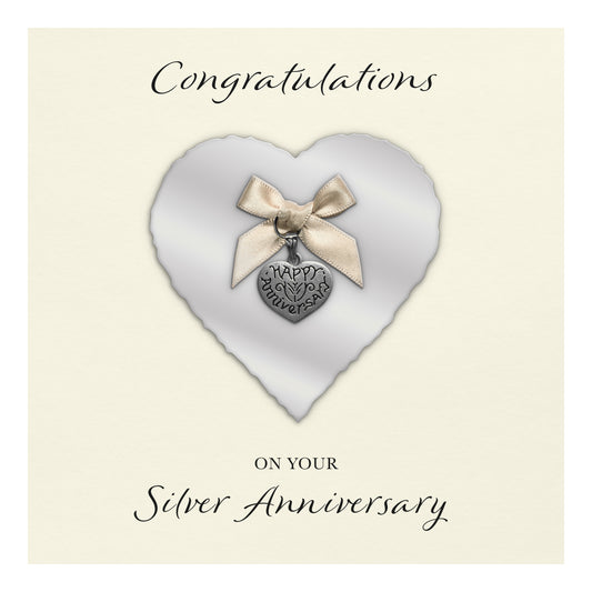 Silver 25th Anniversary Card (Heart Charm & Bow) - Ivory Cardstock