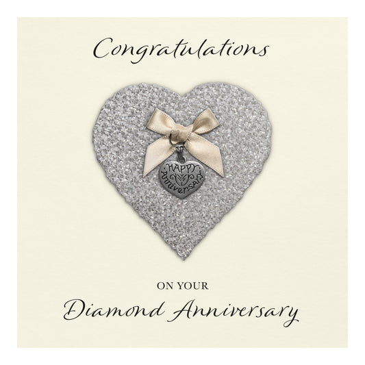 Diamond 60th Anniversary Card (Heart Charm & Bow) - Ivory Cardstock