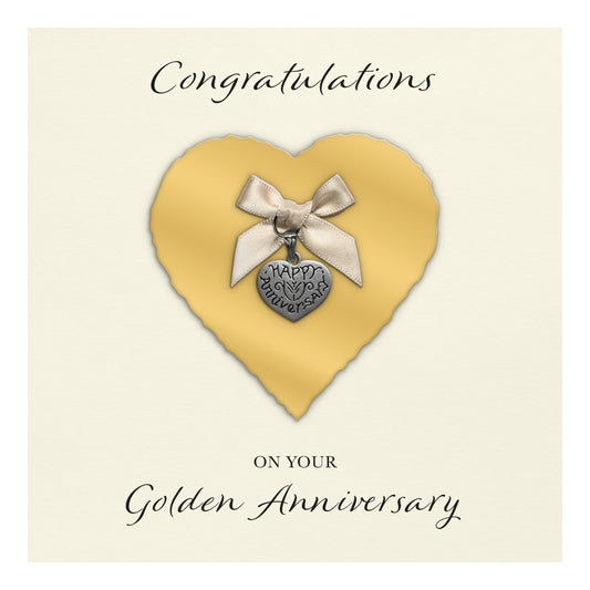 Golden 50th Anniversary Card (Heart Charm & Bow) - Ivory Cardstock