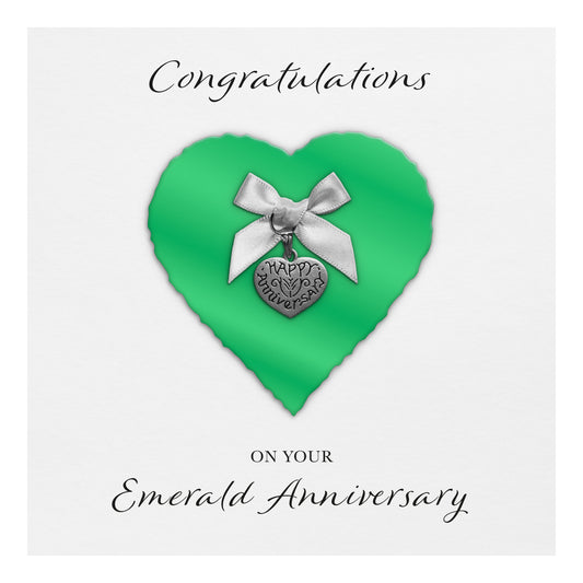 Emerald 55th Anniversary Card (Heart Charm & Bow) - White Cardstock