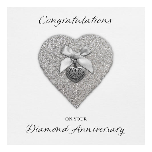 Diamond 60th Anniversary Card (Heart Charm & Bow) - White Cardstock
