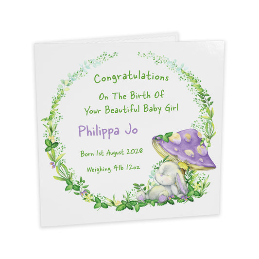 Personalised New Baby Card (Mushroom Bunny) - Purple