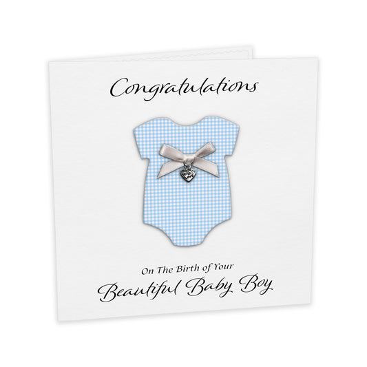 New Baby Card (Heart Charm & Bow) - White Cardstock / Blue Check