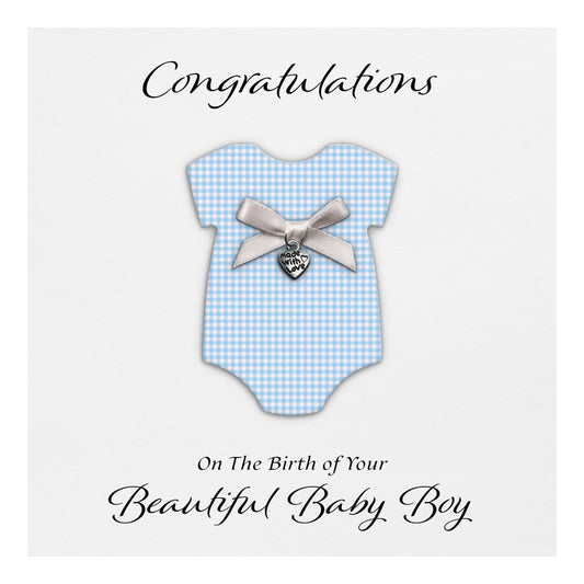 New Baby Card (Heart Charm & Bow) - White Cardstock / Blue Check