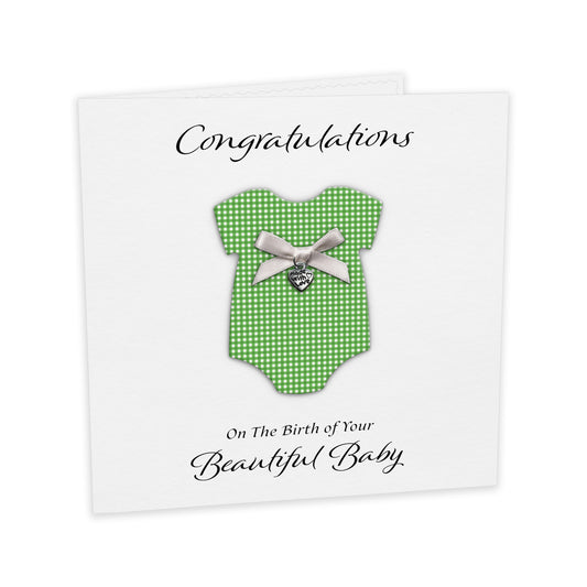 New Baby Card (Heart Charm & Bow) - White Cardstock / Green Check