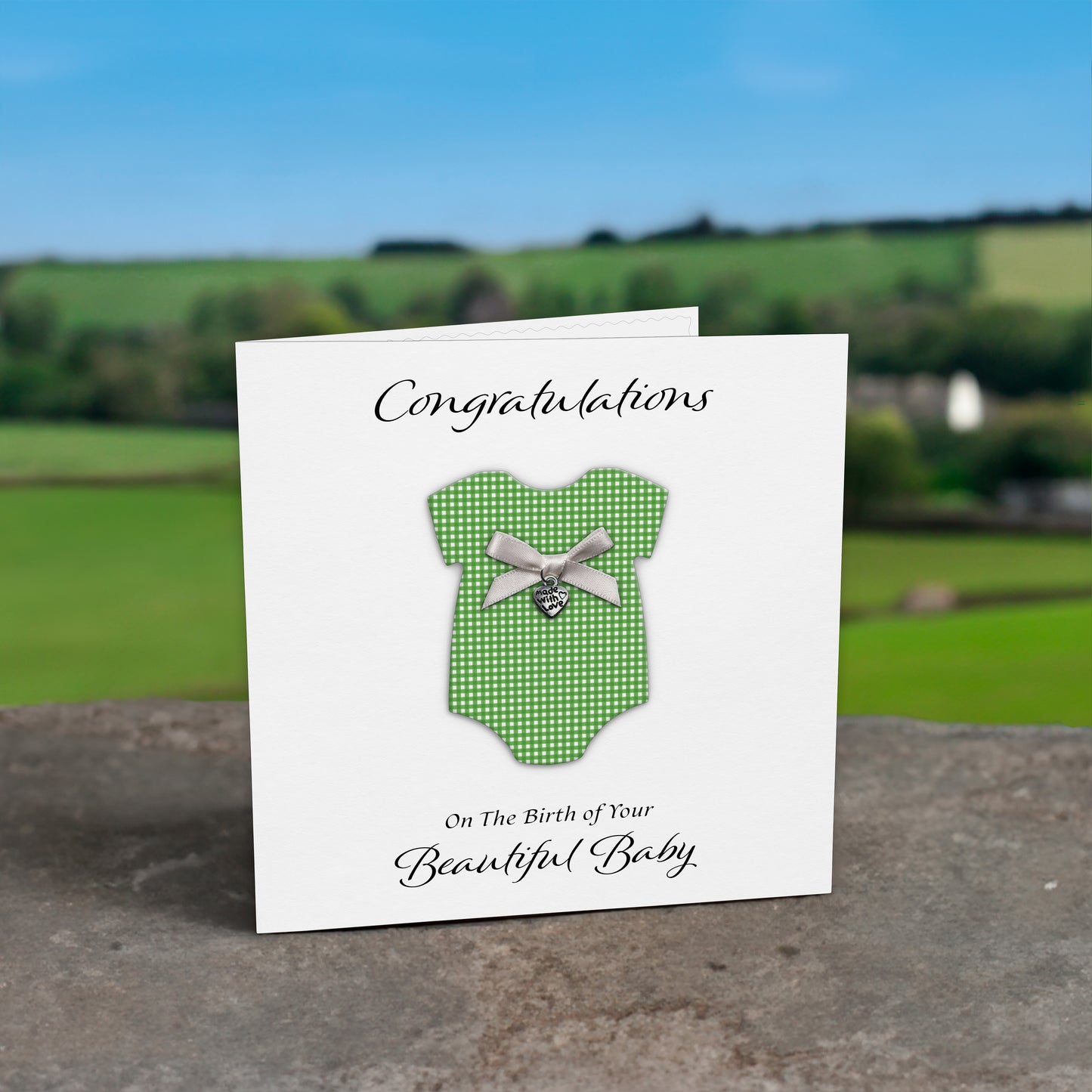 New Baby Card (Heart Charm & Bow) - White Cardstock / Green Check