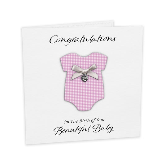 New Baby Card (Heart Charm & Bow) - White Cardstock / Lilac Check