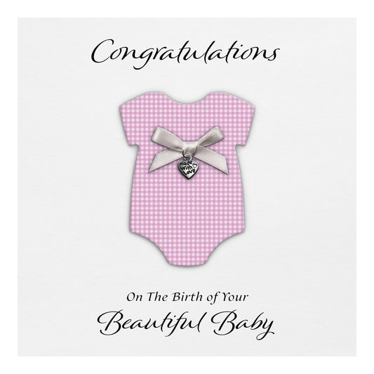 New Baby Card (Heart Charm & Bow) - White Cardstock / Lilac Check