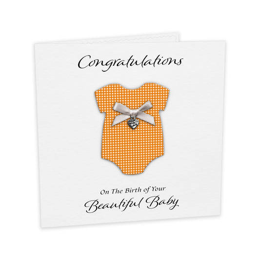New Baby Card (Heart Charm & Bow) - White Cardstock / Orange Check