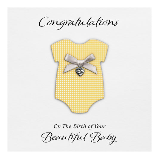 New Baby Card (Heart Charm & Bow) - White Cardstock / Yellow Check