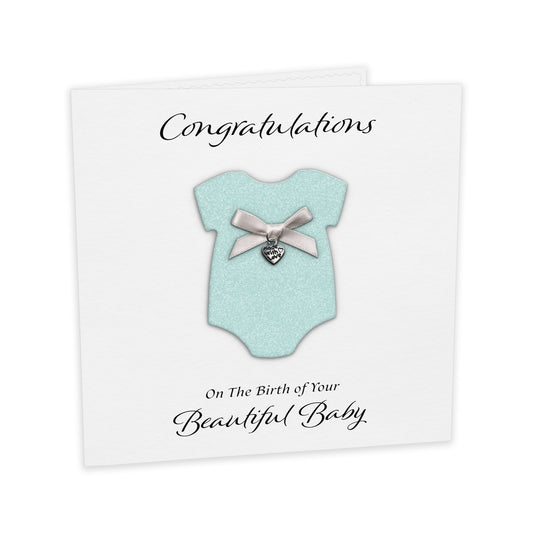 New Baby Card (Heart Charm & Bow) - White Cardstock / Baby Blue Glitter