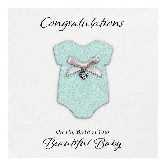 New Baby Card (Heart Charm & Bow) - White Cardstock / Baby Blue Glitter