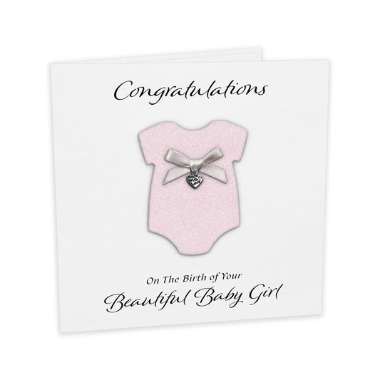 New Baby Card (Heart Charm & Bow) - White Cardstock / Baby Pink Glitter
