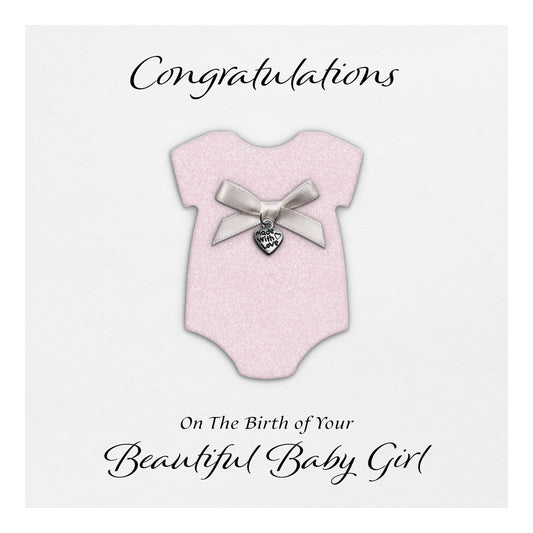 New Baby Card (Heart Charm & Bow) - White Cardstock / Baby Pink Glitter