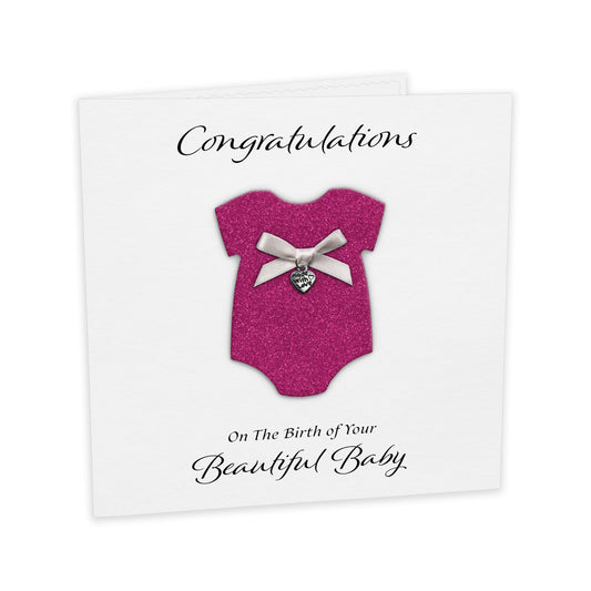 New Baby Card (Heart Charm & Bow) - White Cardstock / Cerise Glitter