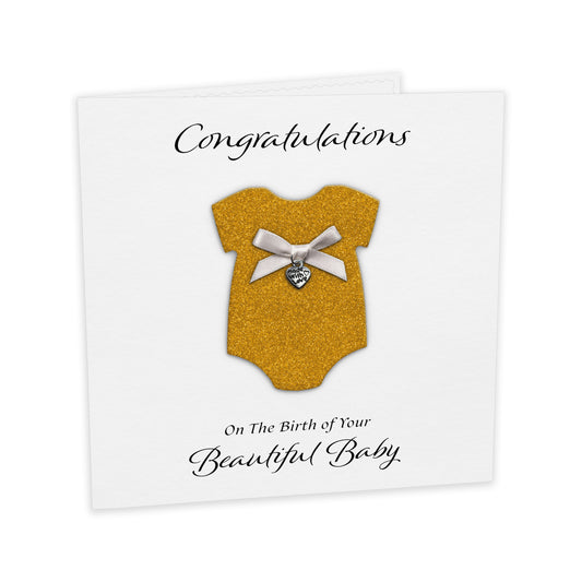 New Baby Card (Heart Charm & Bow) - White Cardstock / Gold Glitter