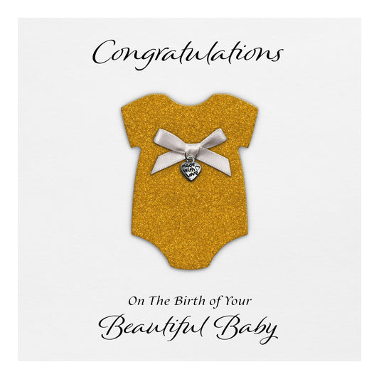 New Baby Card (Heart Charm & Bow) - White Cardstock / Gold Glitter