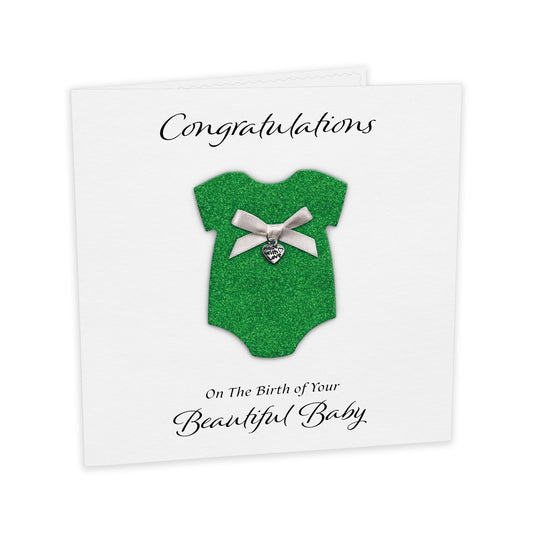 New Baby Card (Heart Charm & Bow) - White Cardstock / Green Glitter