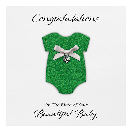 New Baby Card (Heart Charm & Bow) - White Cardstock / Green Glitter