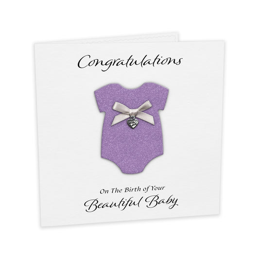 New Baby Card (Heart Charm & Bow) - White Cardstock / Lilac Glitter