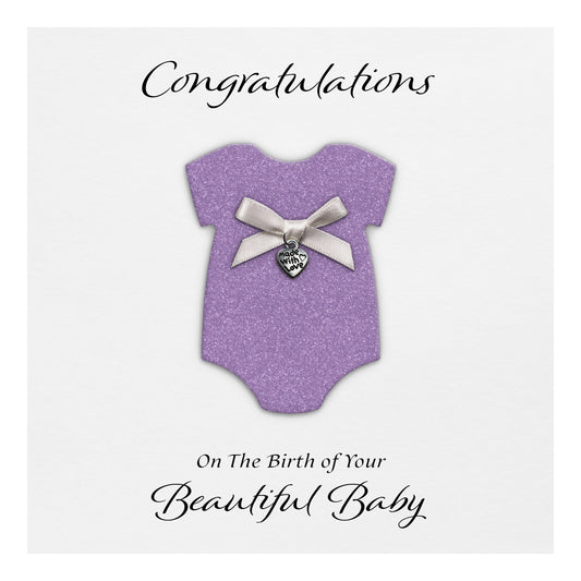 New Baby Card (Heart Charm & Bow) - White Cardstock / Lilac Glitter