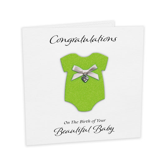 New Baby Card (Heart Charm & Bow) - White Cardstock / Neon Green Glitter