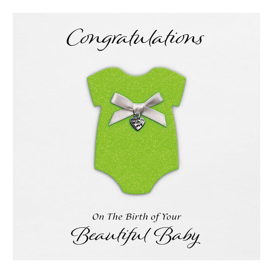 New Baby Card (Heart Charm & Bow) - White Cardstock / Neon Green Glitter