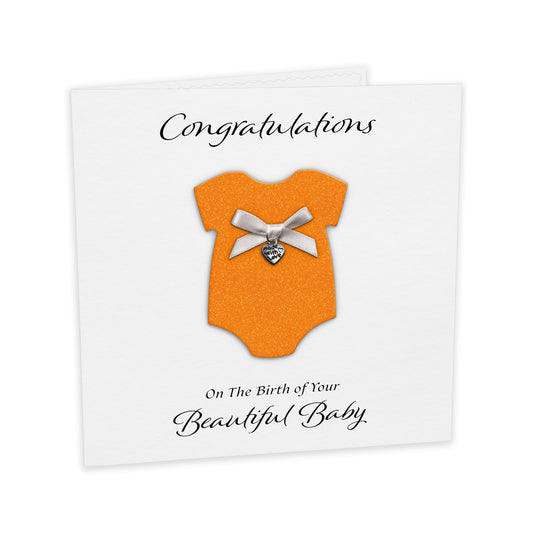 New Baby Card (Heart Charm & Bow) - White Cardstock / Neon Orange Glitter