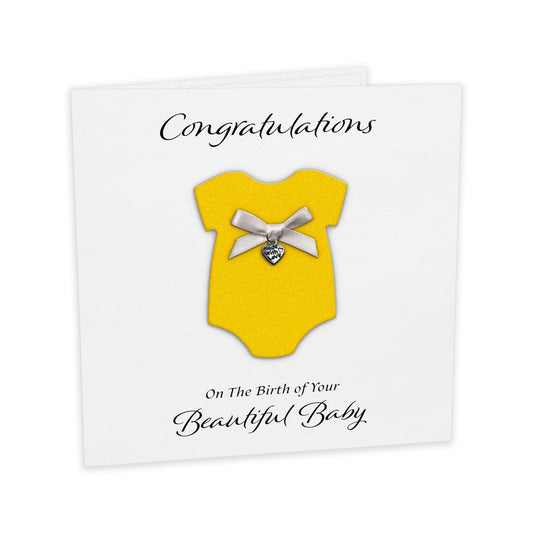 New Baby Card (Heart Charm & Bow) - White Cardstock / Neon Yellow Glitter