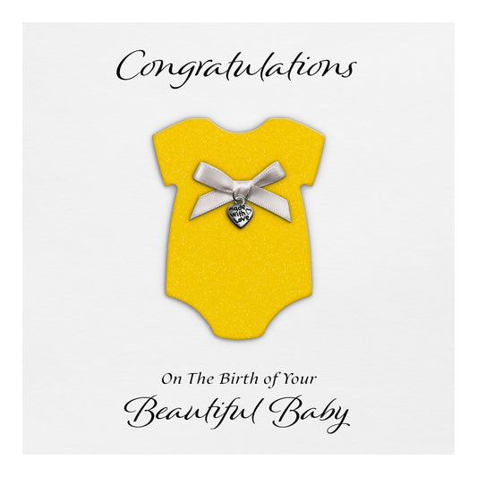 New Baby Card (Heart Charm & Bow) - White Cardstock / Neon Yellow Glitter