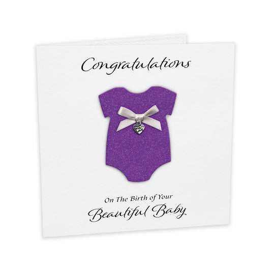New Baby Card (Heart Charm & Bow) - White Cardstock / Purple Glitter