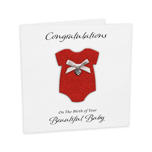 New Baby Card (Heart Charm & Bow) - White Cardstock / Red Glitter