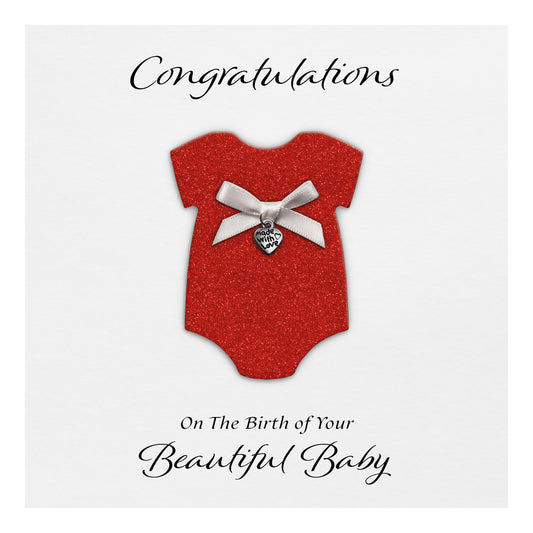 New Baby Card (Heart Charm & Bow) - White Cardstock / Red Glitter