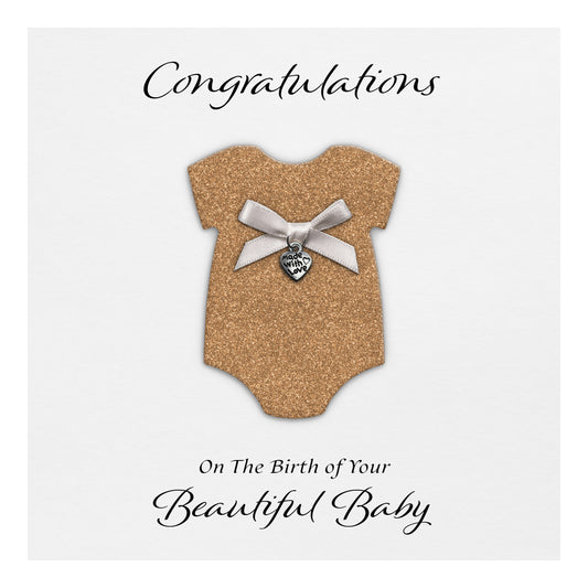 New Baby Card (Heart Charm & Bow) - White Cardstock / Rose Gold Glitter
