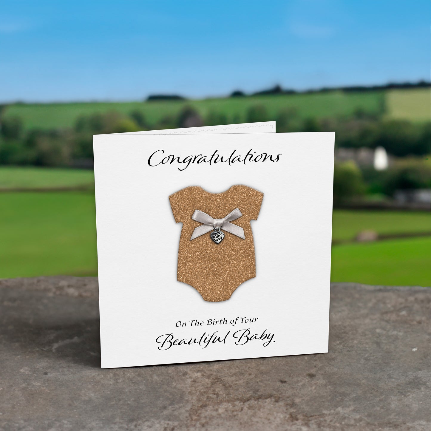 New Baby Card (Heart Charm & Bow) - White Cardstock / Rose Gold Glitter