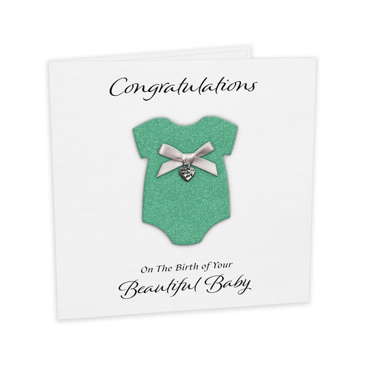 New Baby Card (Heart Charm & Bow) - White Cardstock / Spearmint Glitter