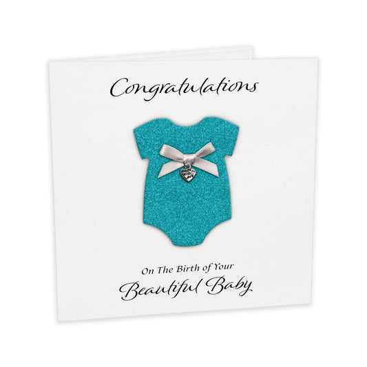 New Baby Card (Heart Charm & Bow) - White Cardstock / Turquoise Glitter