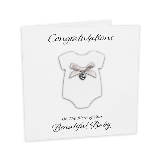 New Baby Card (Heart Charm & Bow) - White Cardstock / White Glitter
