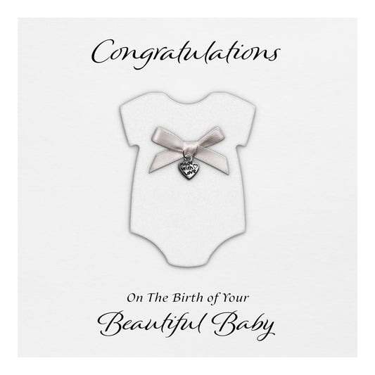 New Baby Card (Heart Charm & Bow) - White Cardstock / White Glitter