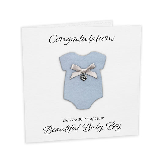 New Baby Card (Heart Charm & Bow) - White Cardstock / Powder Blue