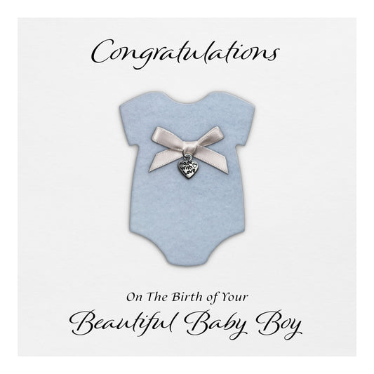 New Baby Card (Heart Charm & Bow) - White Cardstock / Powder Blue